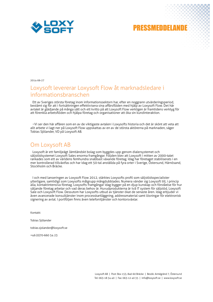 Loxysoft levererar Loxysoft Flow åt marknadsledare i informationsbranschen
