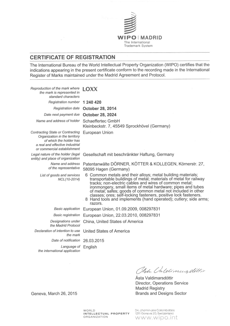 LOXX® - eine geschützte Marke nun auch in den USA und vor allem in CHINA.
