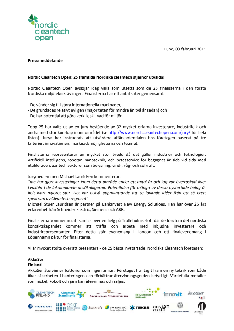 Nordic Cleantech Open: 25 framtida Nordiska cleantech stjärnor utvalda!
