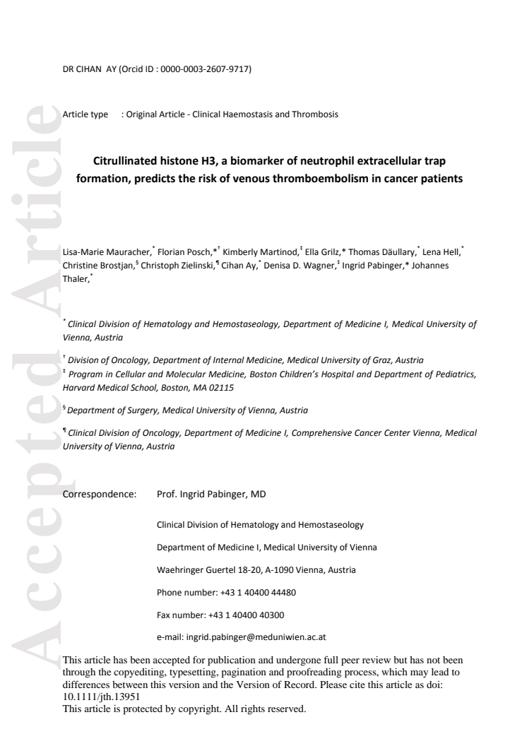 “Citrullinated histone H3, a biomarker of neutrophil extracellular trap formation, predicts the risk of venous thromboembolism in cancer patients.