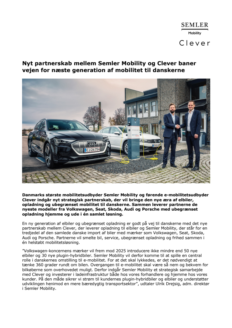 Nyt partnerskab mellem Semler Mobility og Clever baner vejen for næste generation af mobilitet til danskerne