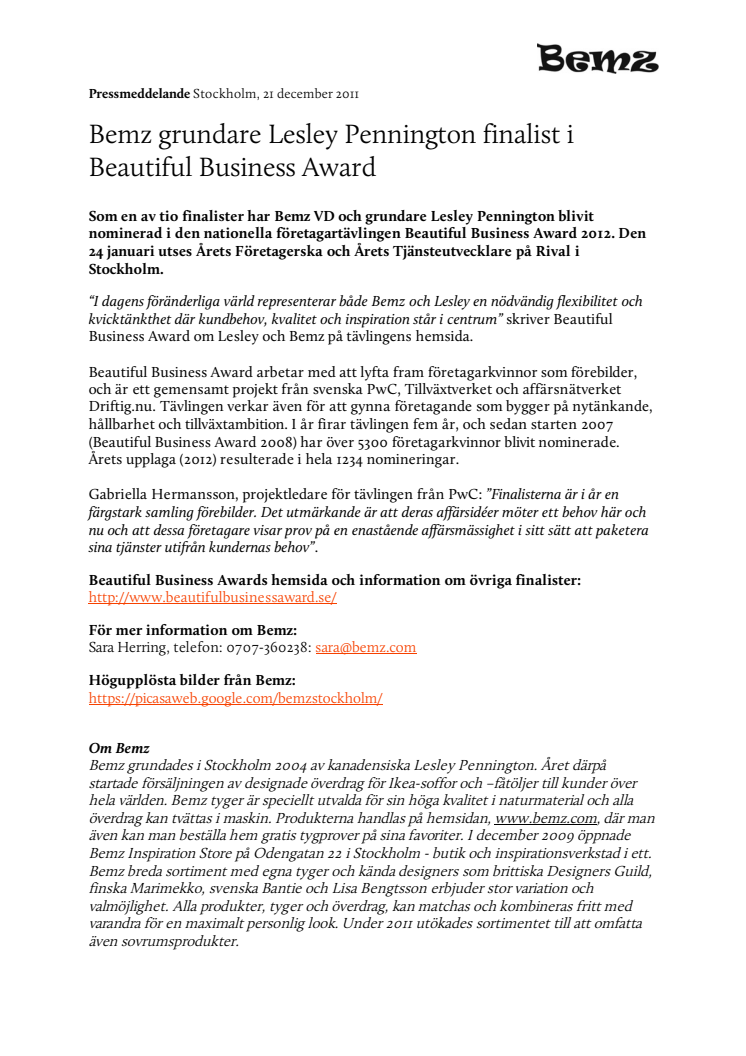Bemz grundare Lesley Pennington finalist i Beautiful Business Award