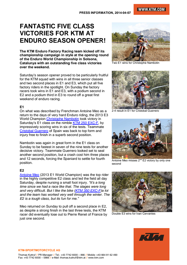 FANTASTIC FIVE CLASS VICTORIES FOR KTM AT ENDURO SEASON OPENER!