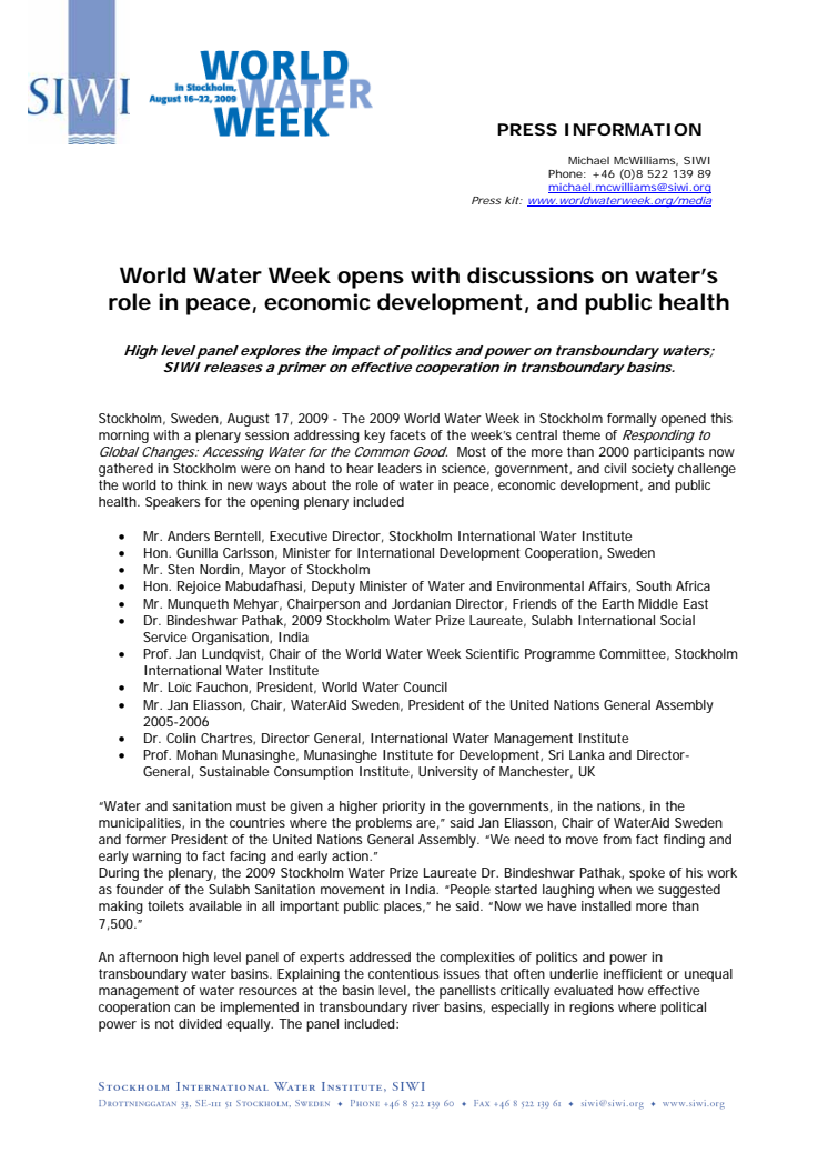 World Water Week opens with discussions on water's role in peace, economic development, and public health  