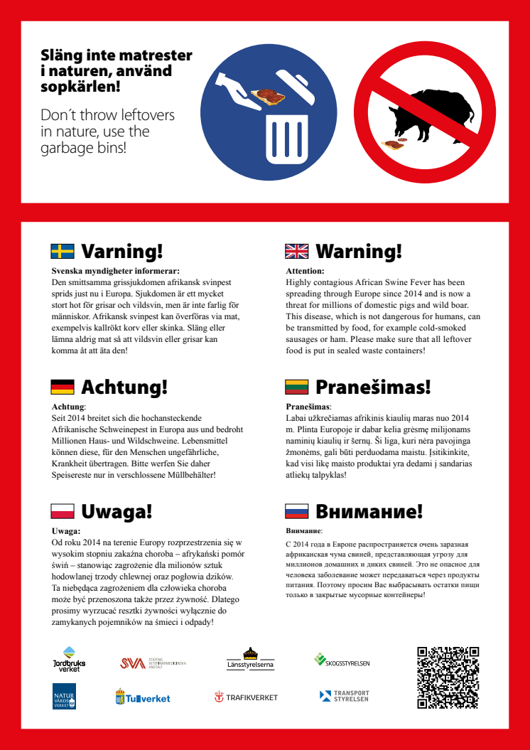 Affisch om matavfall på sex språk