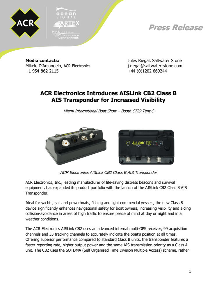 ACR Electronics - Miami International Boat Show: ACR Electronics Introduces AISLink CB2 Class B AIS Transponder for Increased Visibility