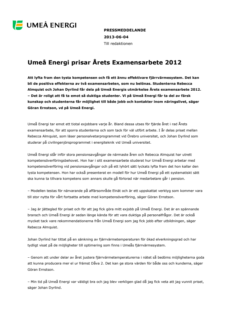  Umeå Energi prisar Årets Examensarbete 2012