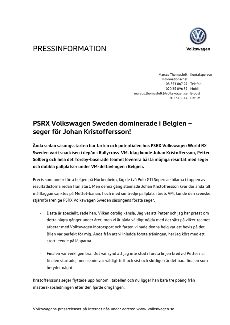 PSRX Volkswagen Sweden dominerade i Belgien – seger för Johan Kristoffersson!