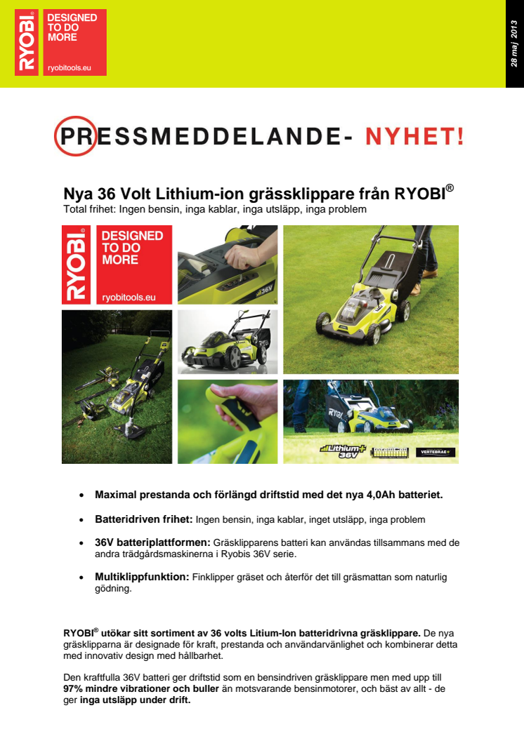 Nya 36 Volts Lithium-ion grässklippare från RYOBI®  