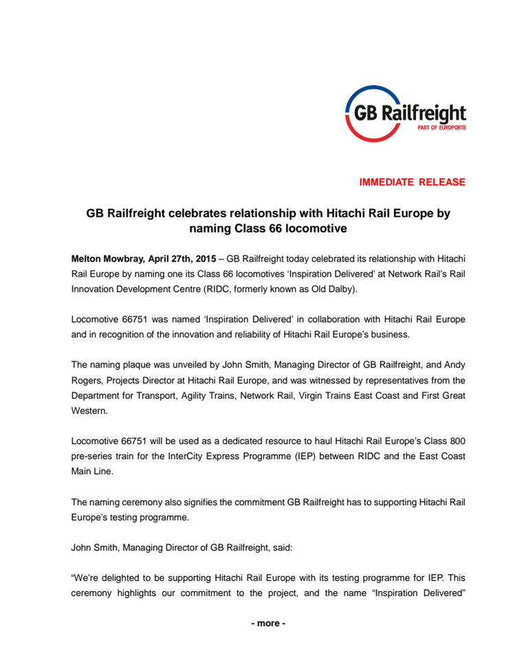 GB Railfreight celebrates relationship with Hitachi Rail Europe by naming Class 66 locomotive