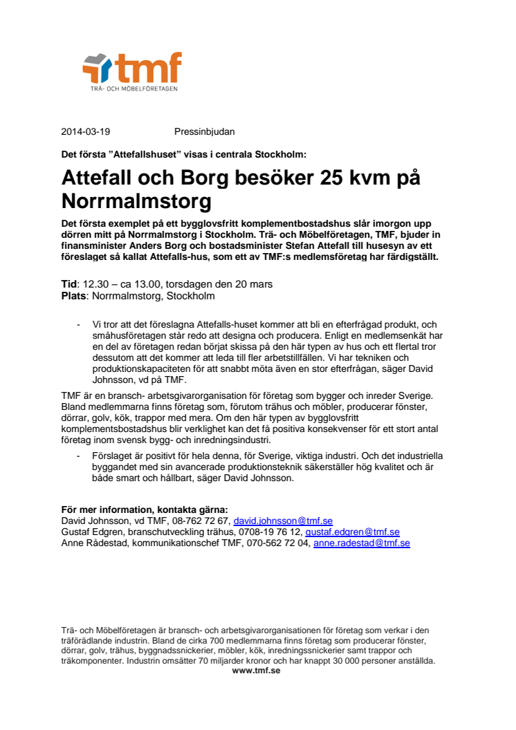PRESSINBJUDAN: Det första ”Attefallshuset” visas i centrala Stockholm; Attefall och Borg besöker 25 kvm på Norrmalmstorg
