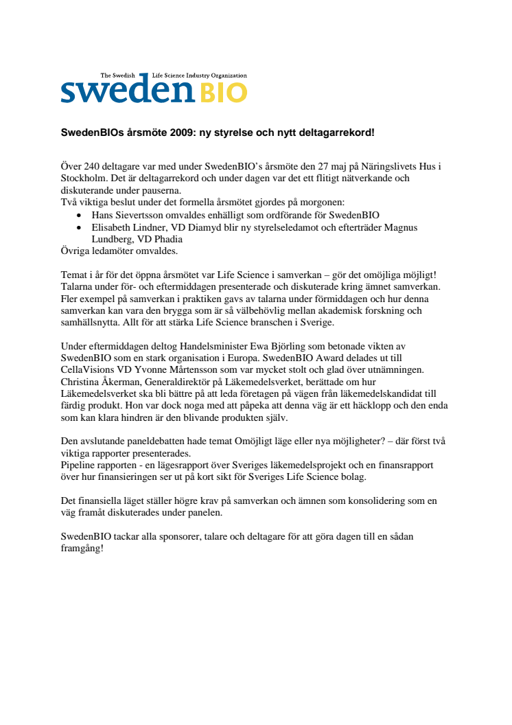 SwedenBIOs årsmöte 2009: ny styrelse och nytt deltagarrekord!