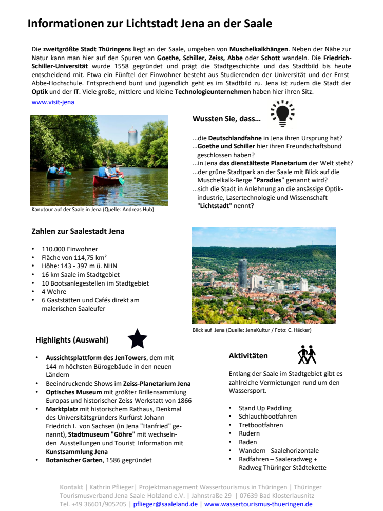 Thüringer Wassertourismus: Informationen zur Lichtstadt Jena an der Saale