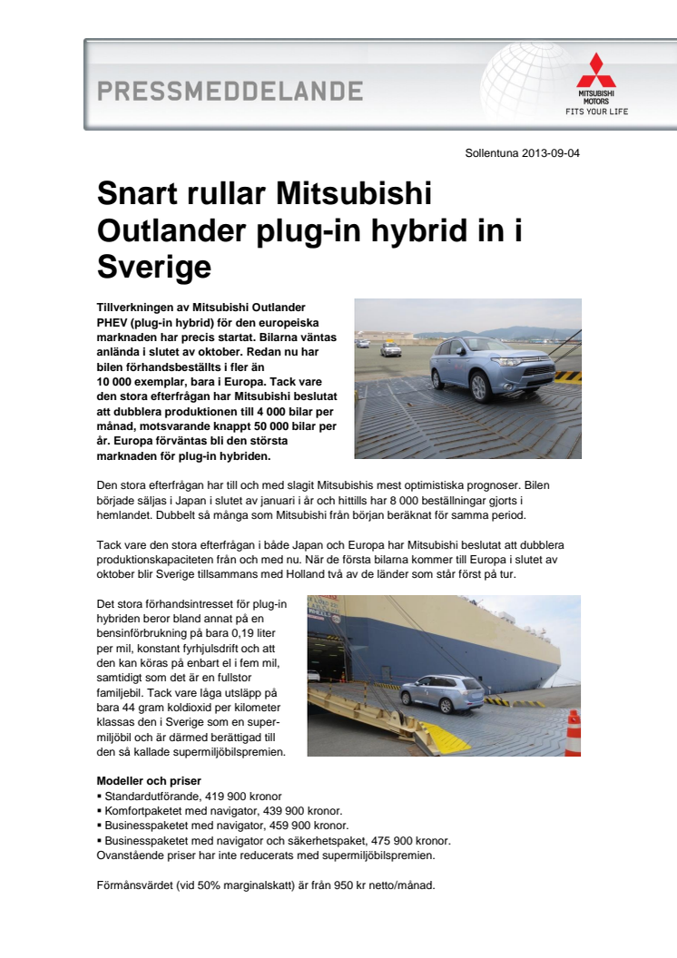 Snart rullar Mitsubishi Outlander plug-in hybrid in i Sverige