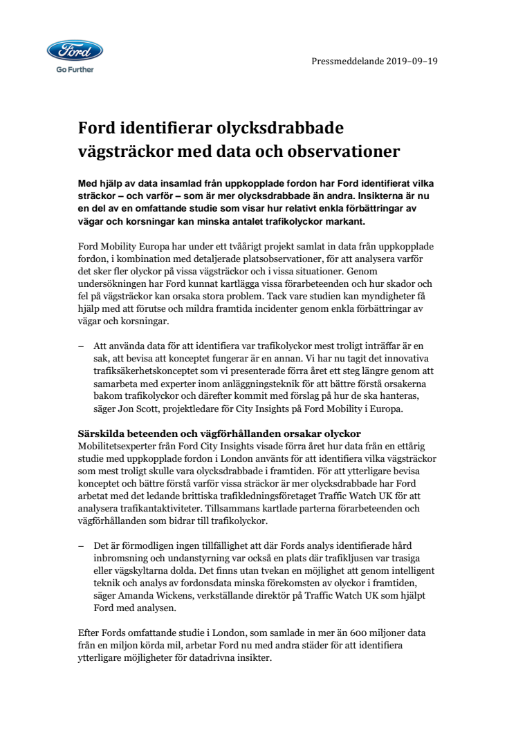 Ford identifierar olycksdrabbade vägsträckor med data och observationer 