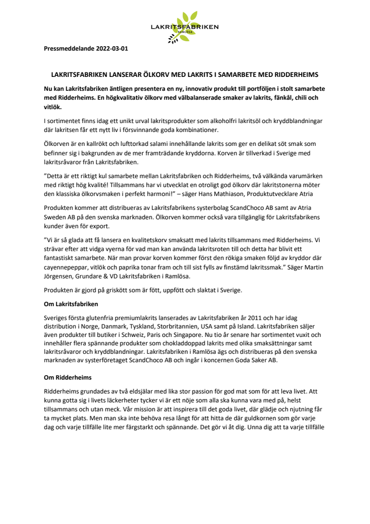 Pressmeddelande Lakritsölkorv i samarbete med ridderheims.pdf
