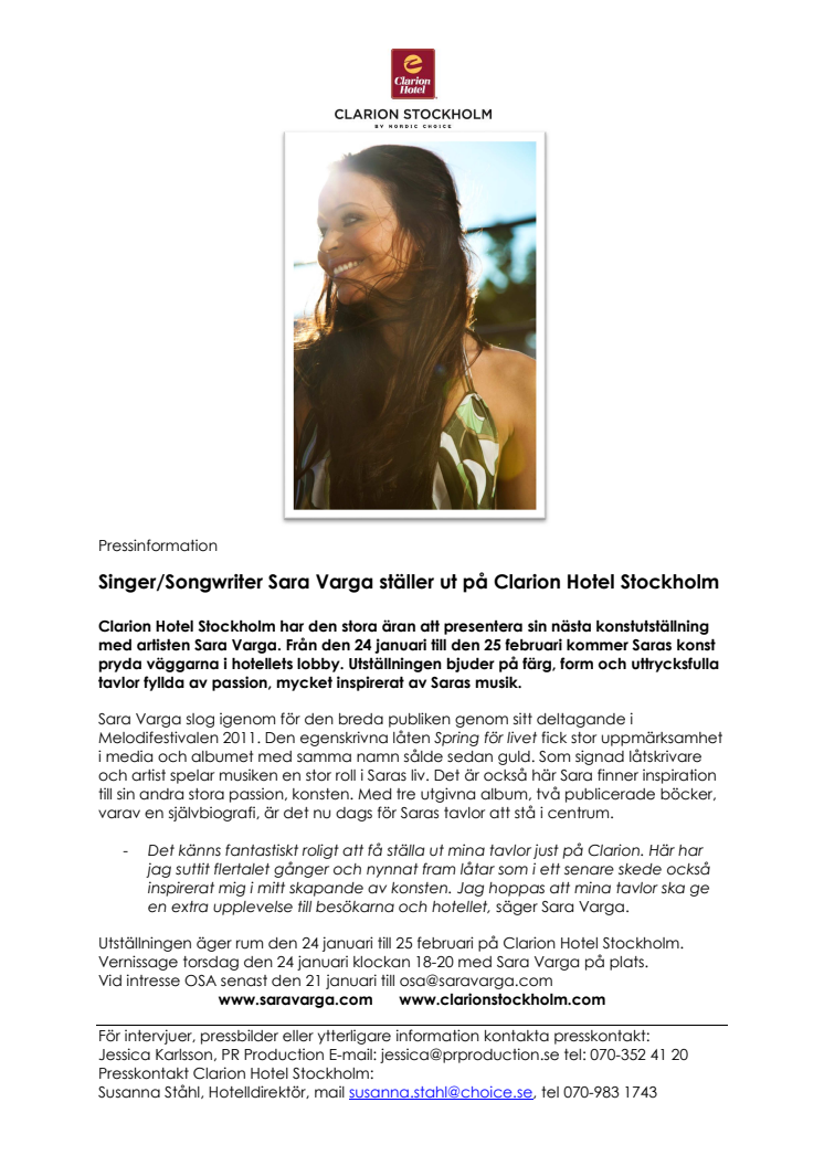 Singer/Songwriter Sara Varga ställer ut på Clarion Hotel Stockholm