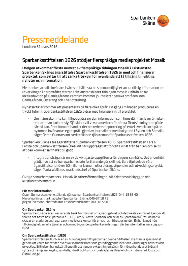 Sparbanksstiftelsen 1826 stödjer flerspråkiga medieprojektet Mosaik