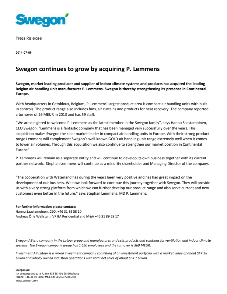 Swegon continues to grow by acquiring P. Lemmens