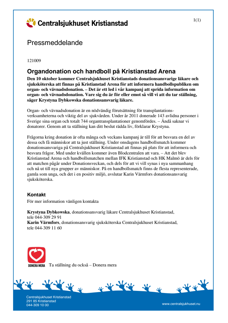 Organdonation och handboll på Kristianstad Arena