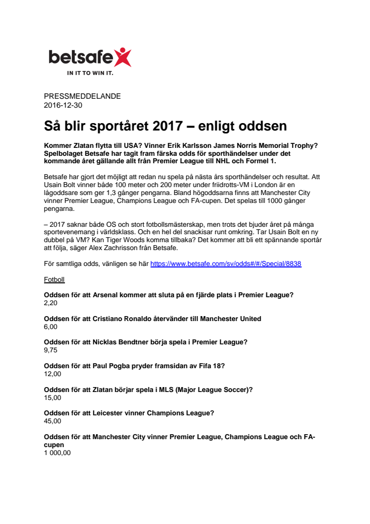 Så blir sportåret 2017 – enligt oddsen