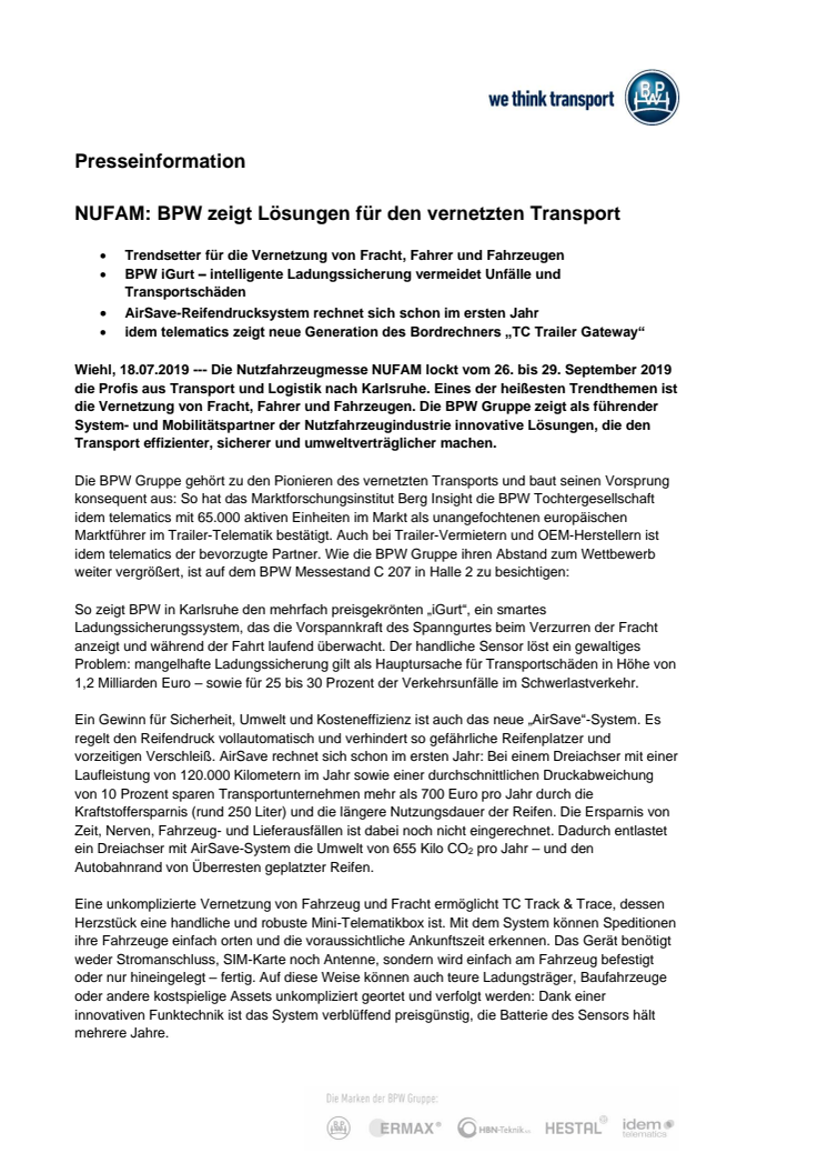 NUFAM: BPW zeigt Lösungen für den vernetzten Transport 