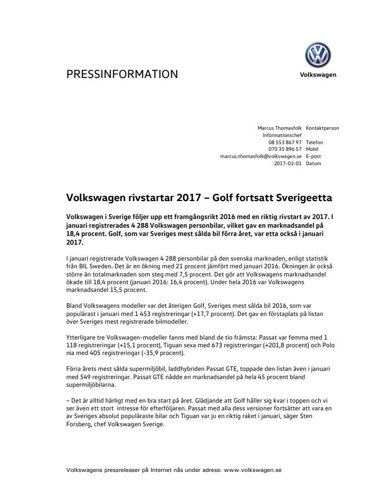 Volkswagen rivstartar 2017 – Golf fortsatt Sverigeetta