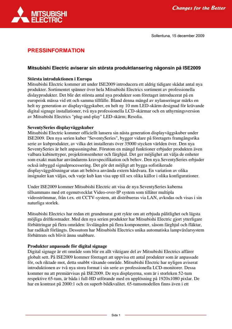 Mitsubishi Electric aviserar sin största produktlansering någonsin på ISE 2009