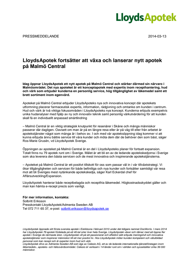 LloydsApotek fortsätter att växa och lanserar nytt apotek på Malmö Central