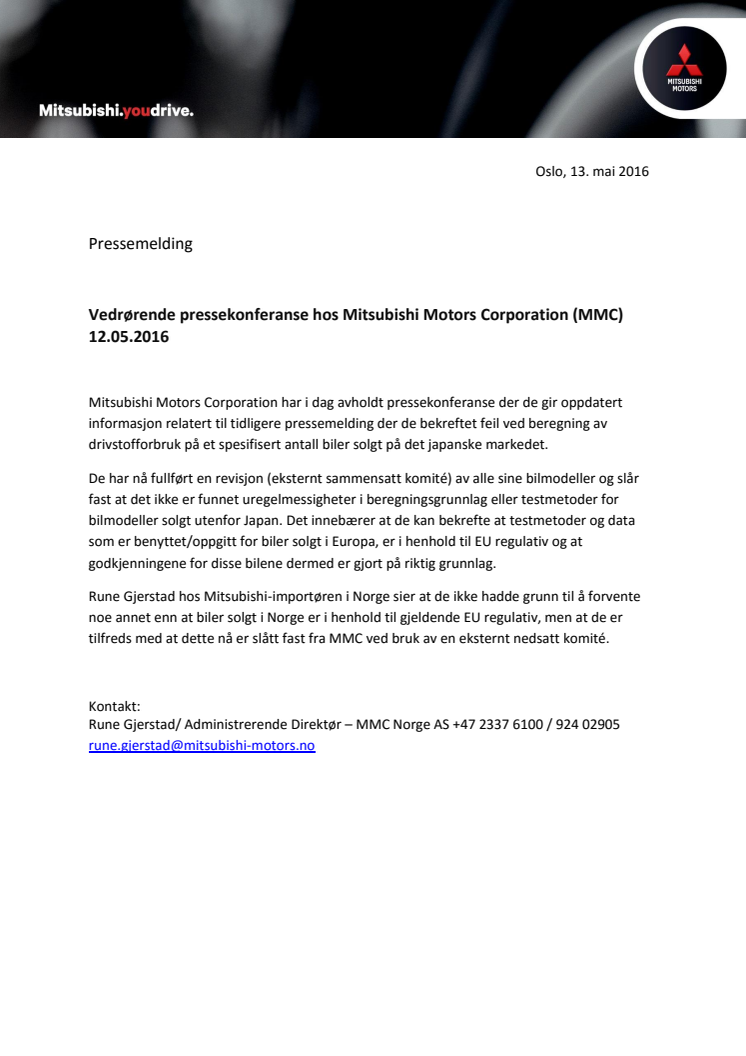 Vedrørende pressekonferanse hos Mitsubishi Motors Corporation (MMC) 12.05.2016