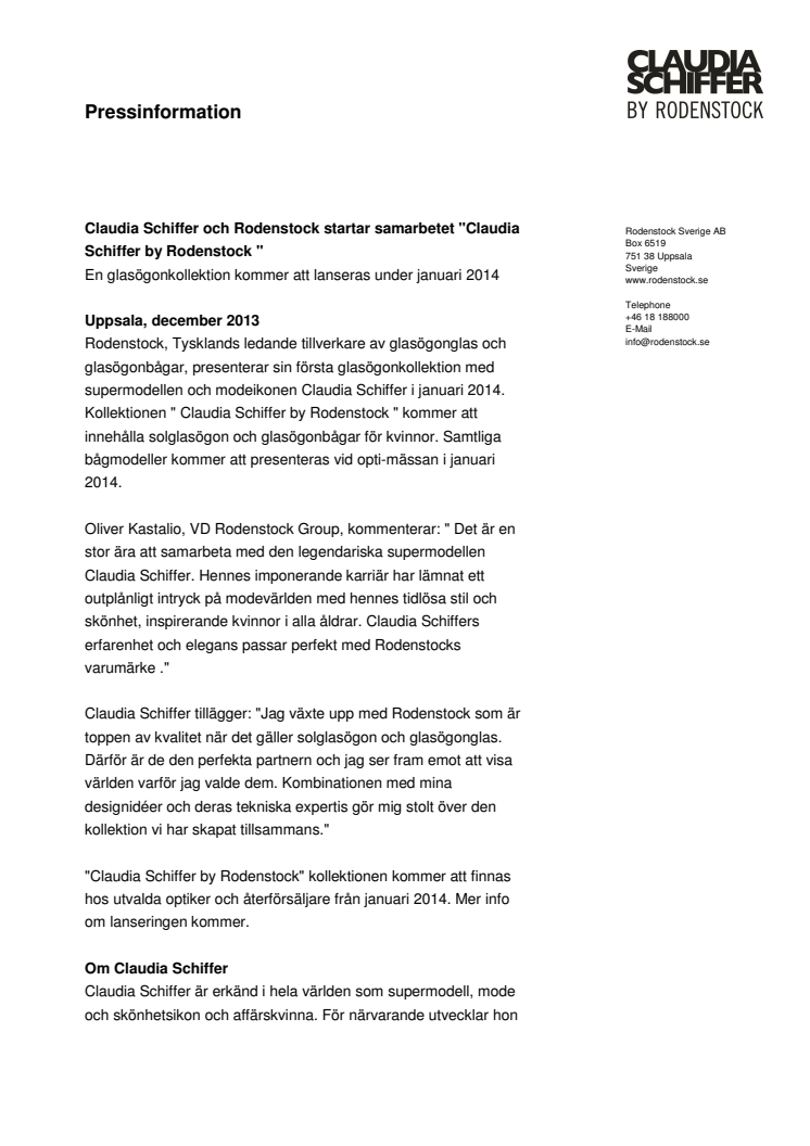 Claudia Schiffer och Rodenstock startar samarbetet "Claudia Schiffer by Rodenstock "