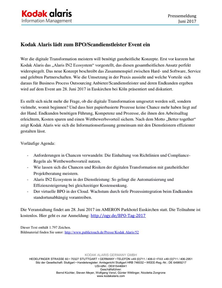 Kodak Alaris lädt zum BPO/Scandienstleister Event ein