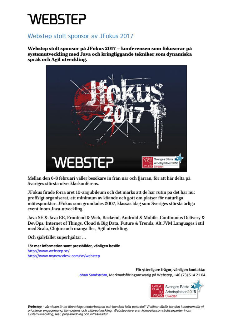 Webstep stolt sponsor av JFokus 2017