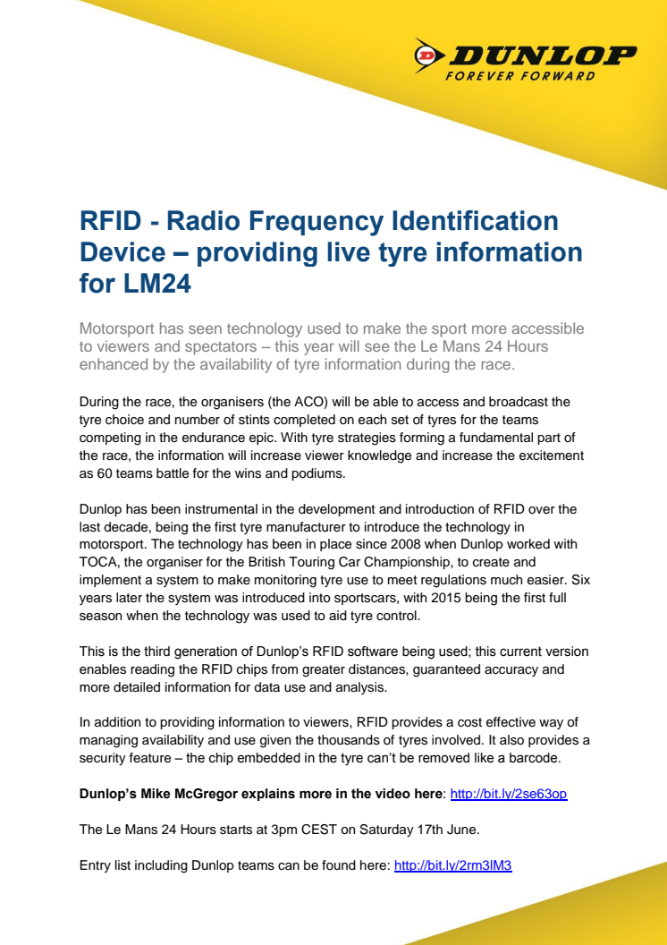 RFID - Radio Frequency Identification Device – providing live tyre information for LM24
