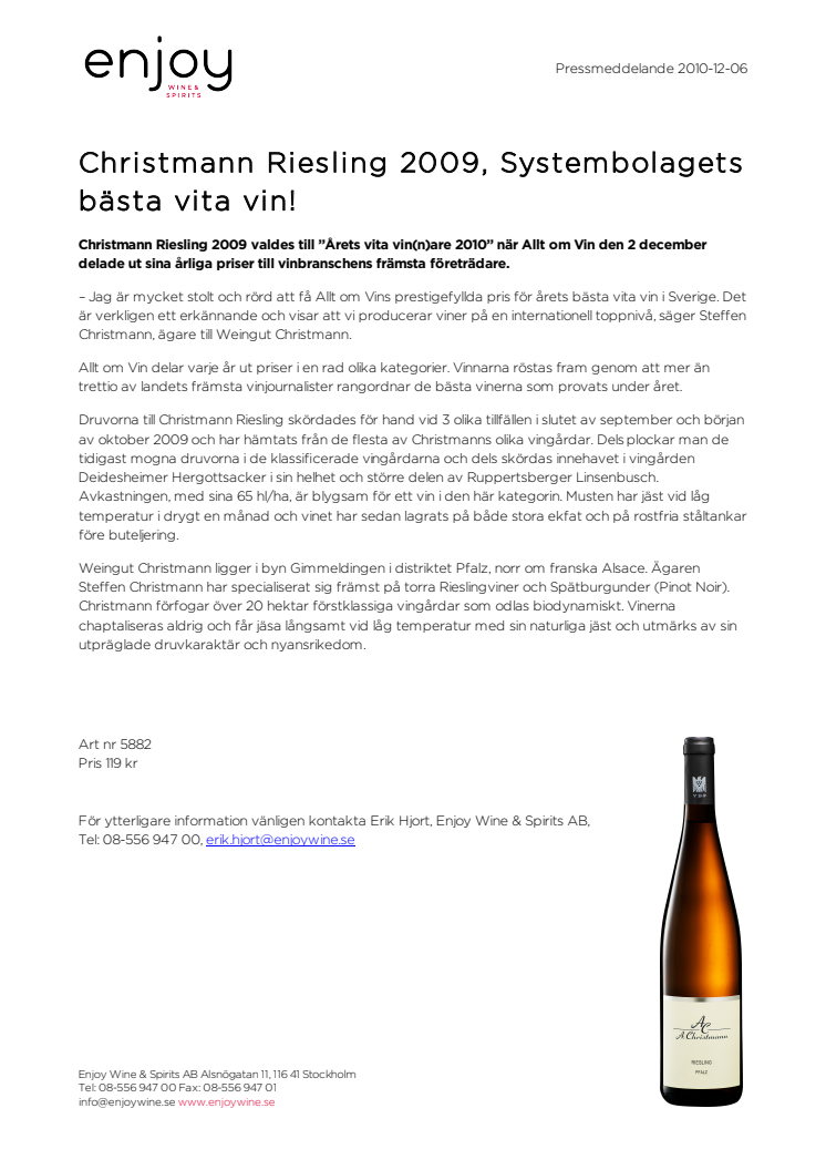 Christmann Riesling 2009, Systembolagets bästa vita vin!