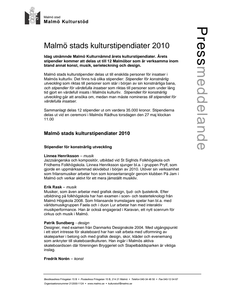 Malmö stads kulturstipendiater 2010