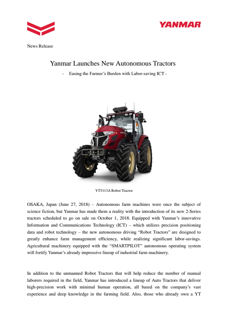 Yanmar Launches New Autonomous Tractors – Easing the Farmer’s Burden with Labor-saving ICT