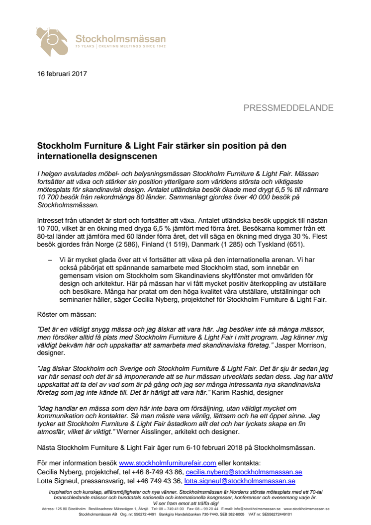 Stockholm Furniture & Light Fair stärker sin position på den internationella designscenen