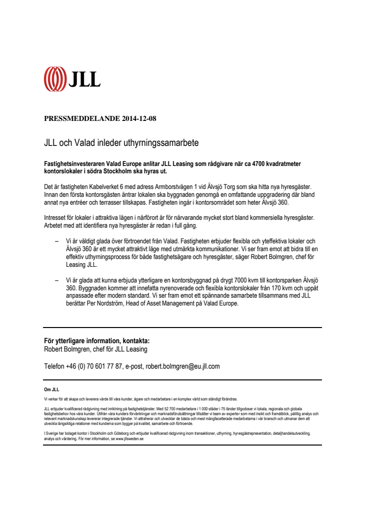 JLL och Valad inleder uthyrningssamarbete