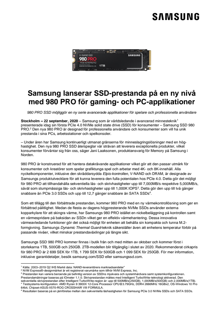 Samsung lanserar SSD-prestanda på en ny nivå med 980 PRO för gaming- och PC-applikationer