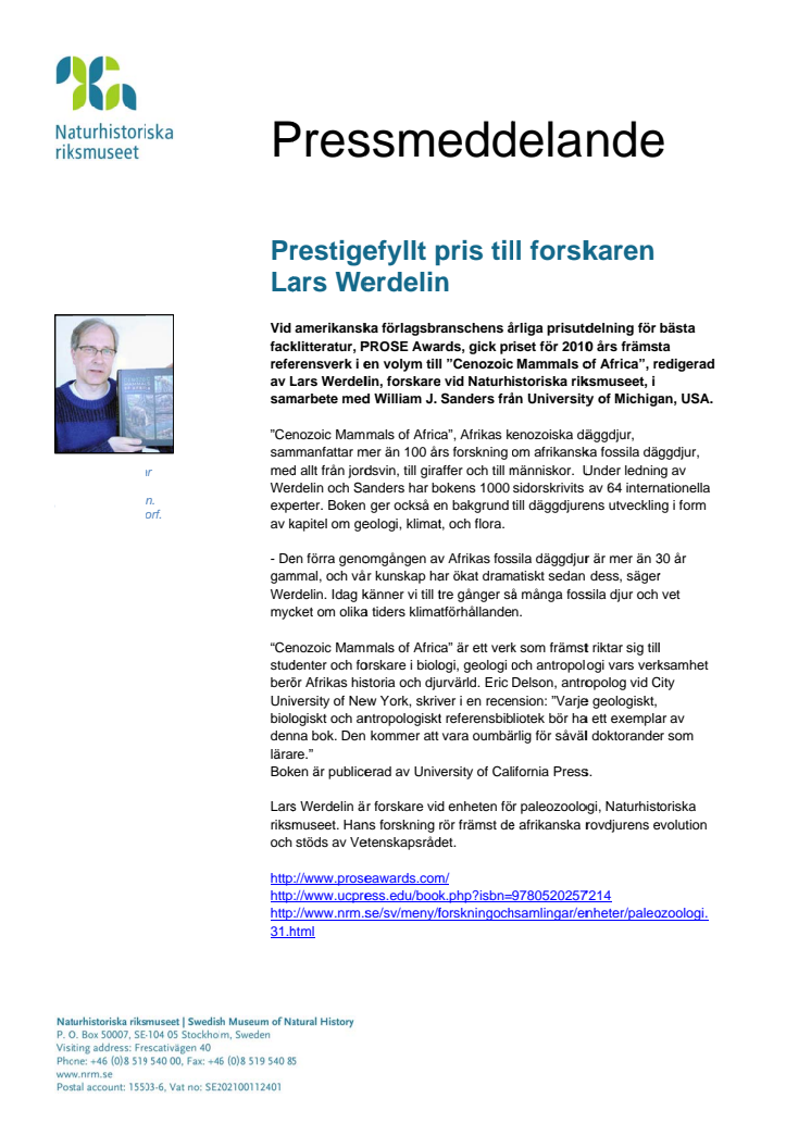 Prestigefyllt pris till forskaren Lars Werdelin