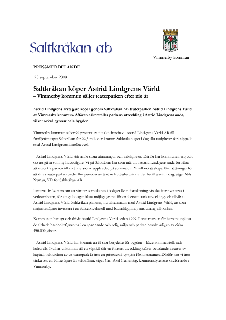 Saltkråkan köper Astrid Lindgrens Värld - Vimmerby kommun säljer teaterparken efter nio år
