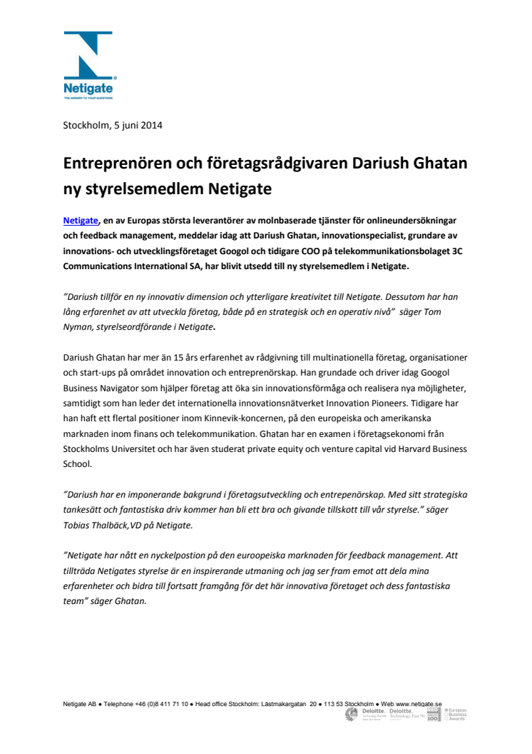 Entreprenören och företagsrådgivaren Dariush Ghatan ny styrelsemedlem Netigate