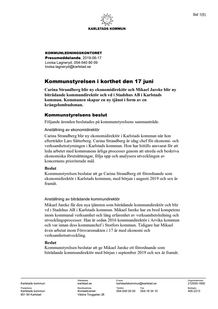 Kommunstyrelsen i korthet den 17 juni