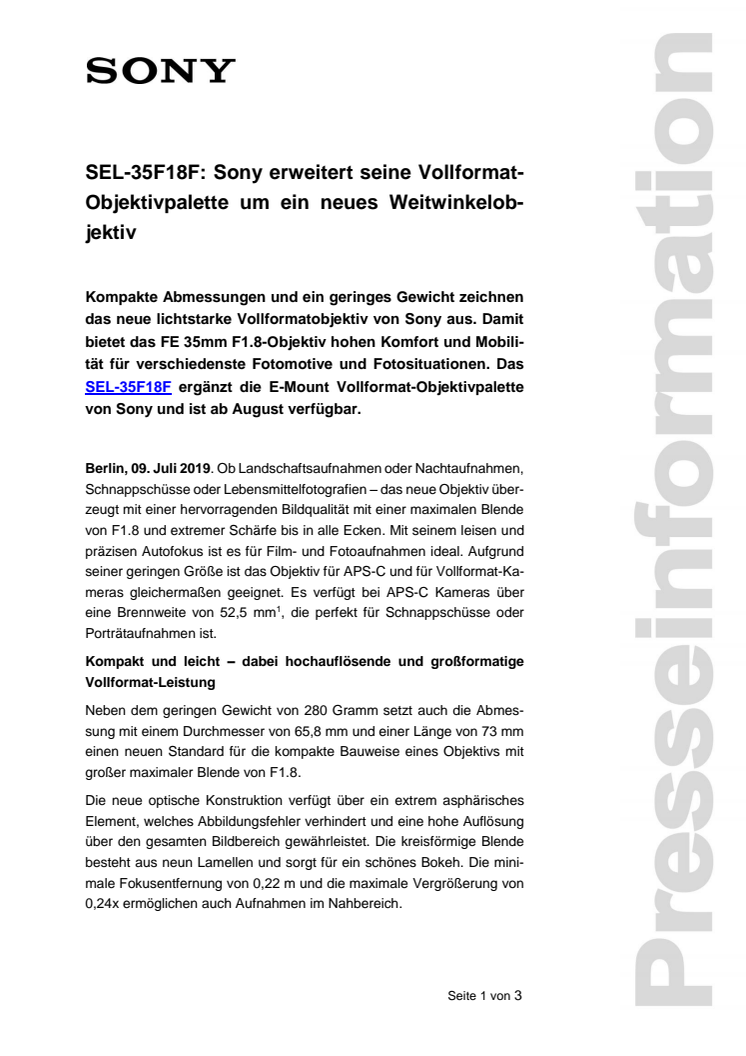 SEL-35F18F: Sony erweitert seine Vollformat-Objektivpalette um ein neues Weitwinkelobjektiv