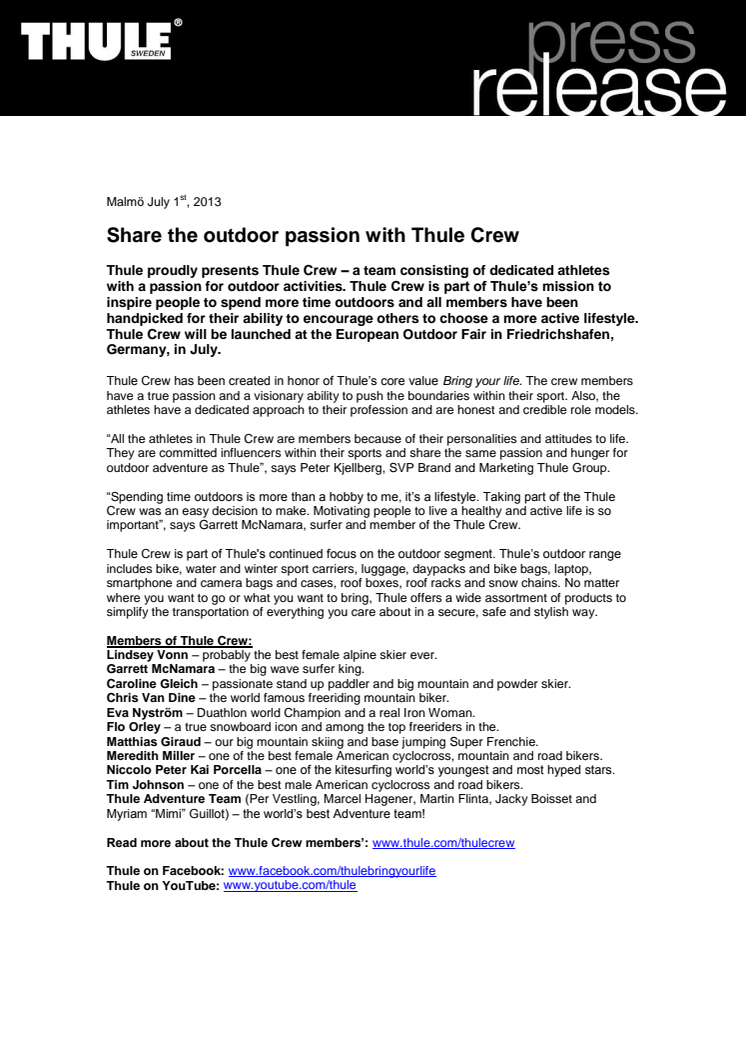 Share the outdoor passion with Thule Crew