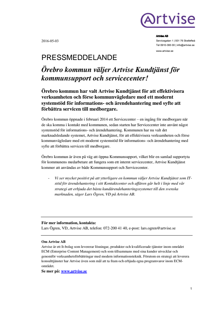 Örebro kommun väljer Artvise Kundtjänst för kommunsupport och servicecenter!