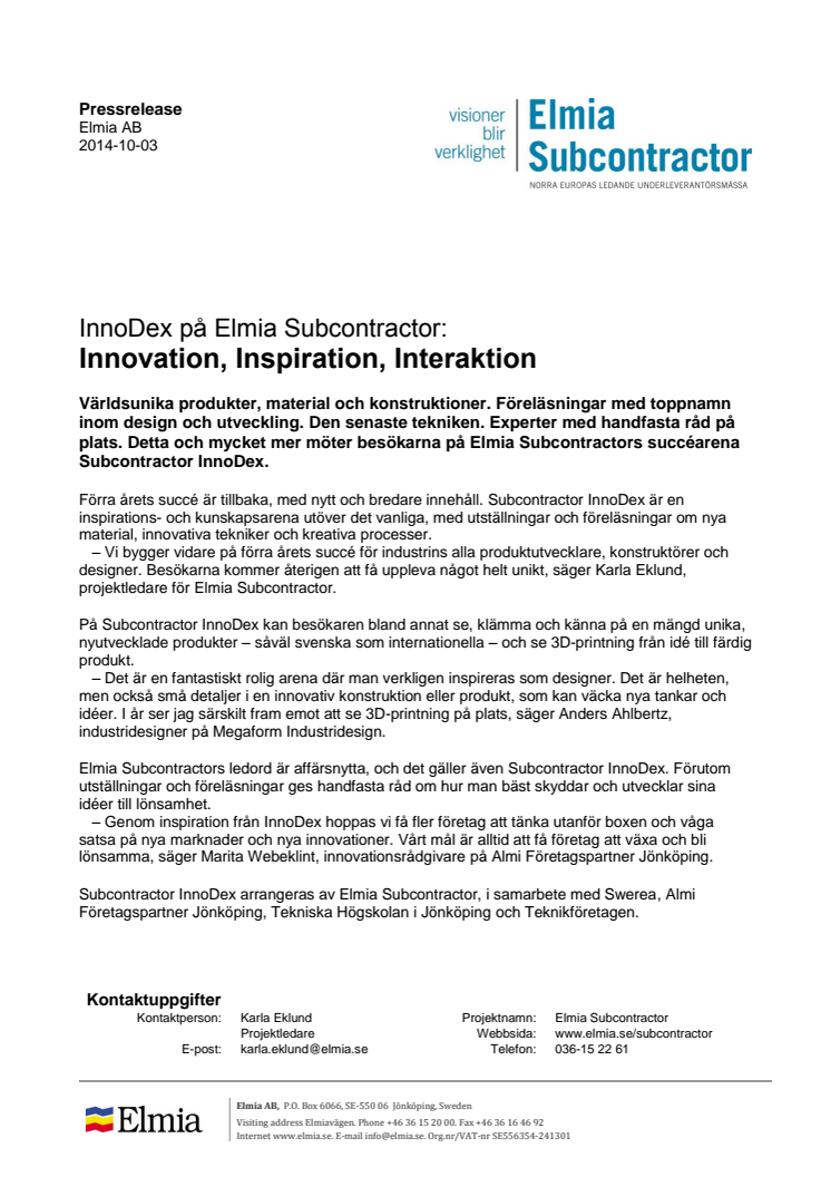 InnoDex på Elmia Subcontractor: Innovation, Inspiration, Interaktion
