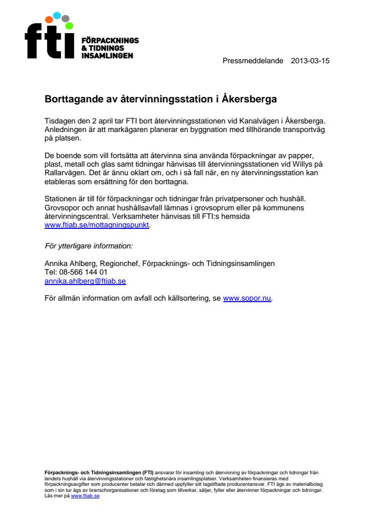 Borttagande av återvinningsstation i Åkersberga