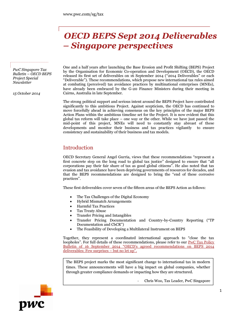 OECD BEPS Sept 2014 Deliverables – Singapore perspectives